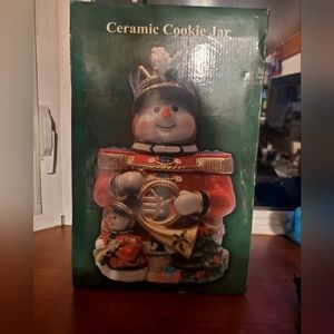 CERAMIC SNOWMAN COOKIE JAR HAND PAINTED.